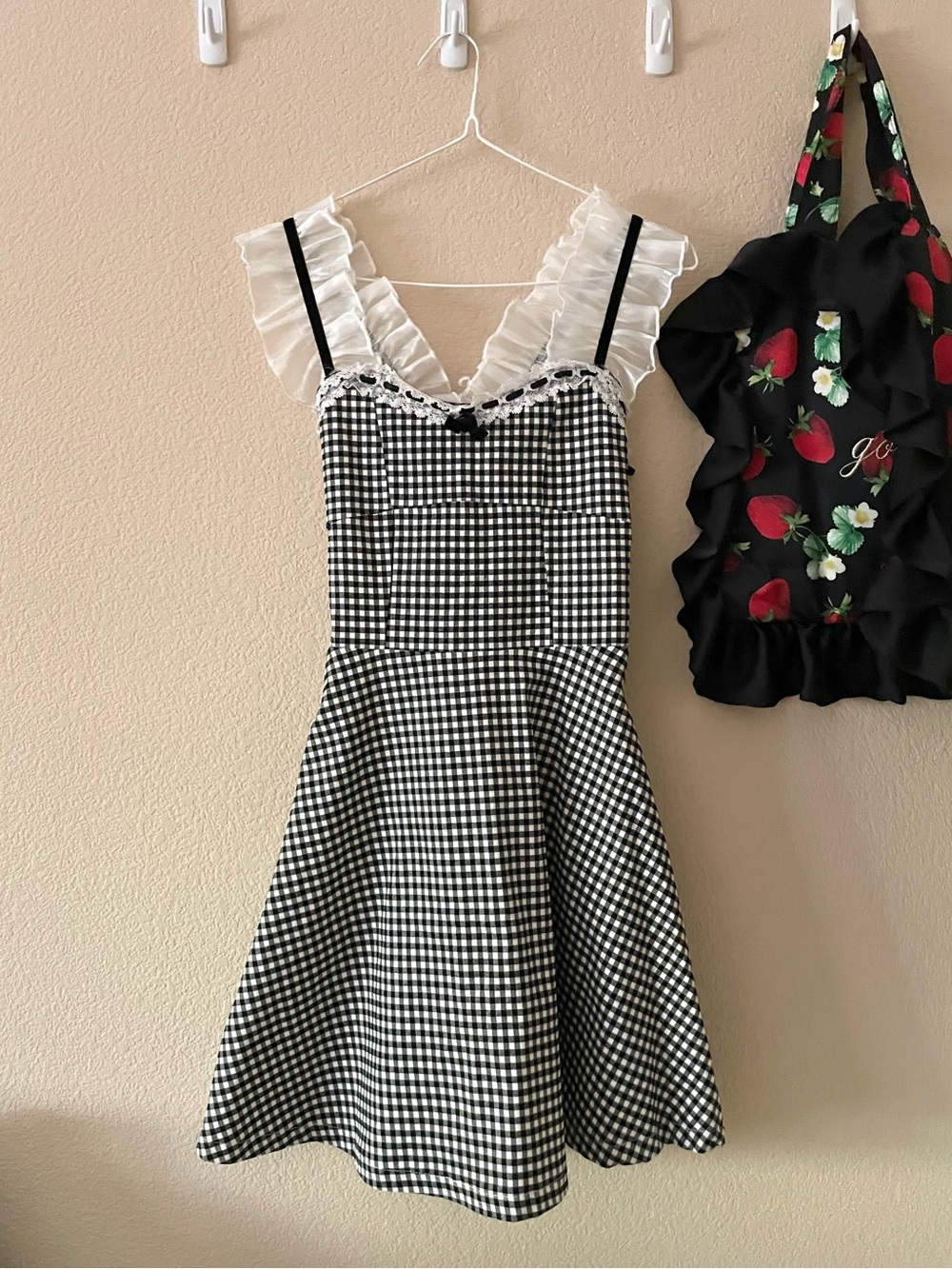 NWOT Apron-Style Black & White Gingham Ruffle Strap Mini Dress